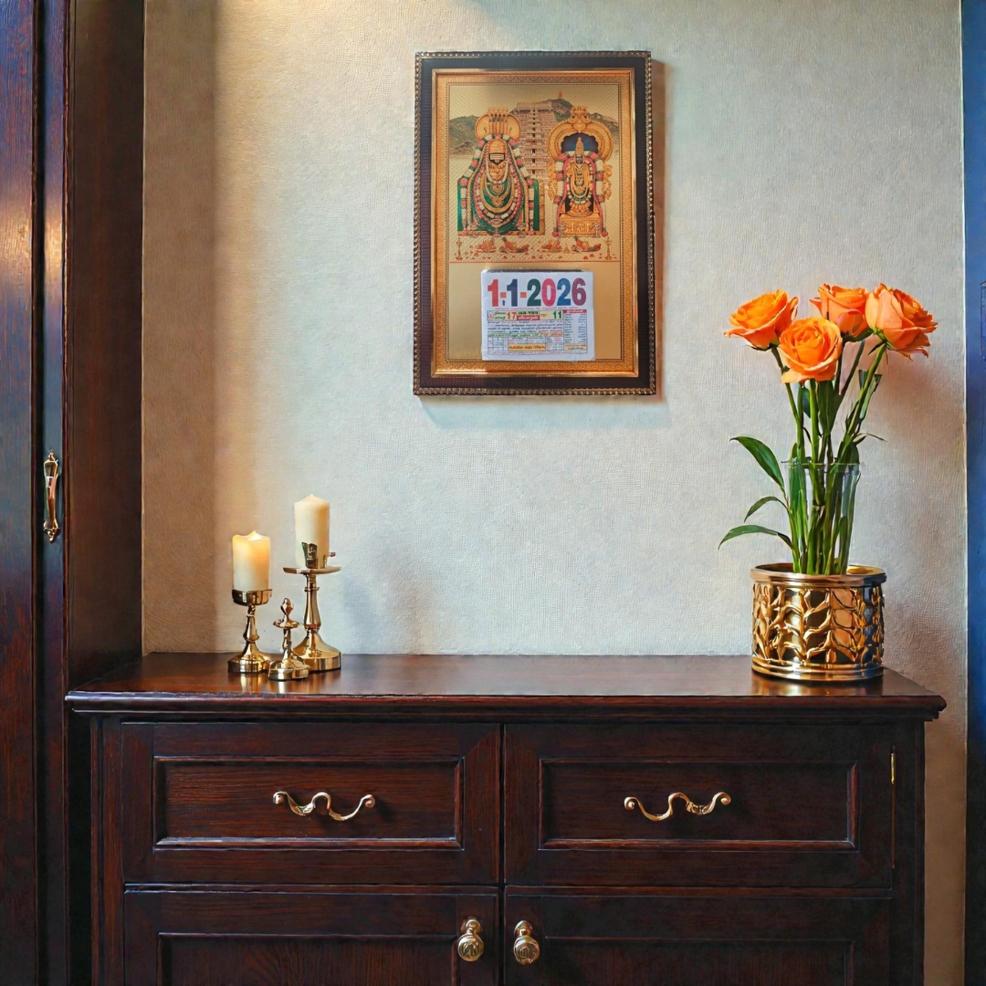 Lord Annamalaiyar & Unnamalai Amman Gold Foil Calendar 2026 | Arunachala Hill & Karthigai Deepam | Reusable Wooden Finish (12" x 17")