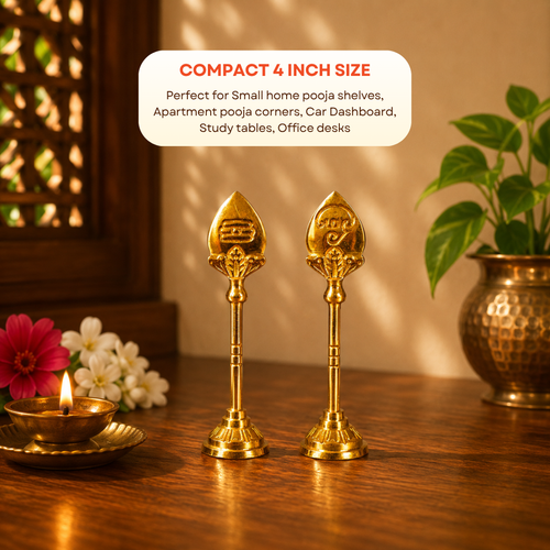 Brass Murugan Vel 4 Inch | Sacred Spear of Lord Murugan | Tamil Om & Shiva Tilak | Golden Finish Brass Vel for Car Dashboard, Office Desk & Travel Altar