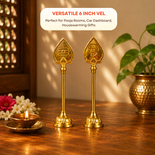 Brass Murugan Vel 6 Inch | Sacred Spear of Lord Murugan | Tamil Om & Shiva Tilak | Golden Finish Brass Vel for Pooja Room & Home Altar