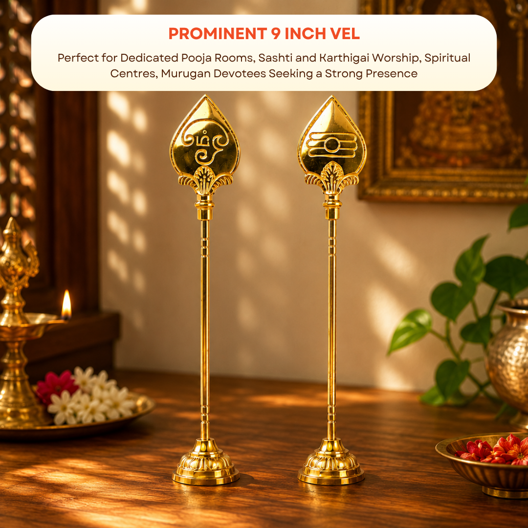 Brass Murugan Vel 9 Inch | Sacred Spear of Lord Murugan | Tamil Om & Shiva Tilak | Golden Finish Brass Vel for Home Temple & Special Gifting
