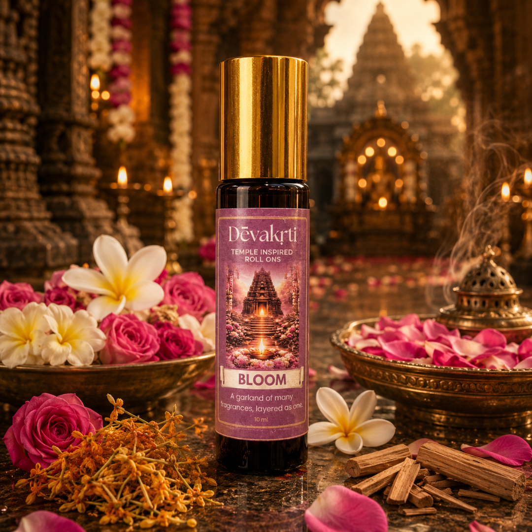 Devakrti Bloom Temple-Inspired Attar Roll-On | Davana, Rose & Frangipani Fragrance | Alcohol-Free Long-Lasting Perfume Oil | Travel-Friendly | 10ml