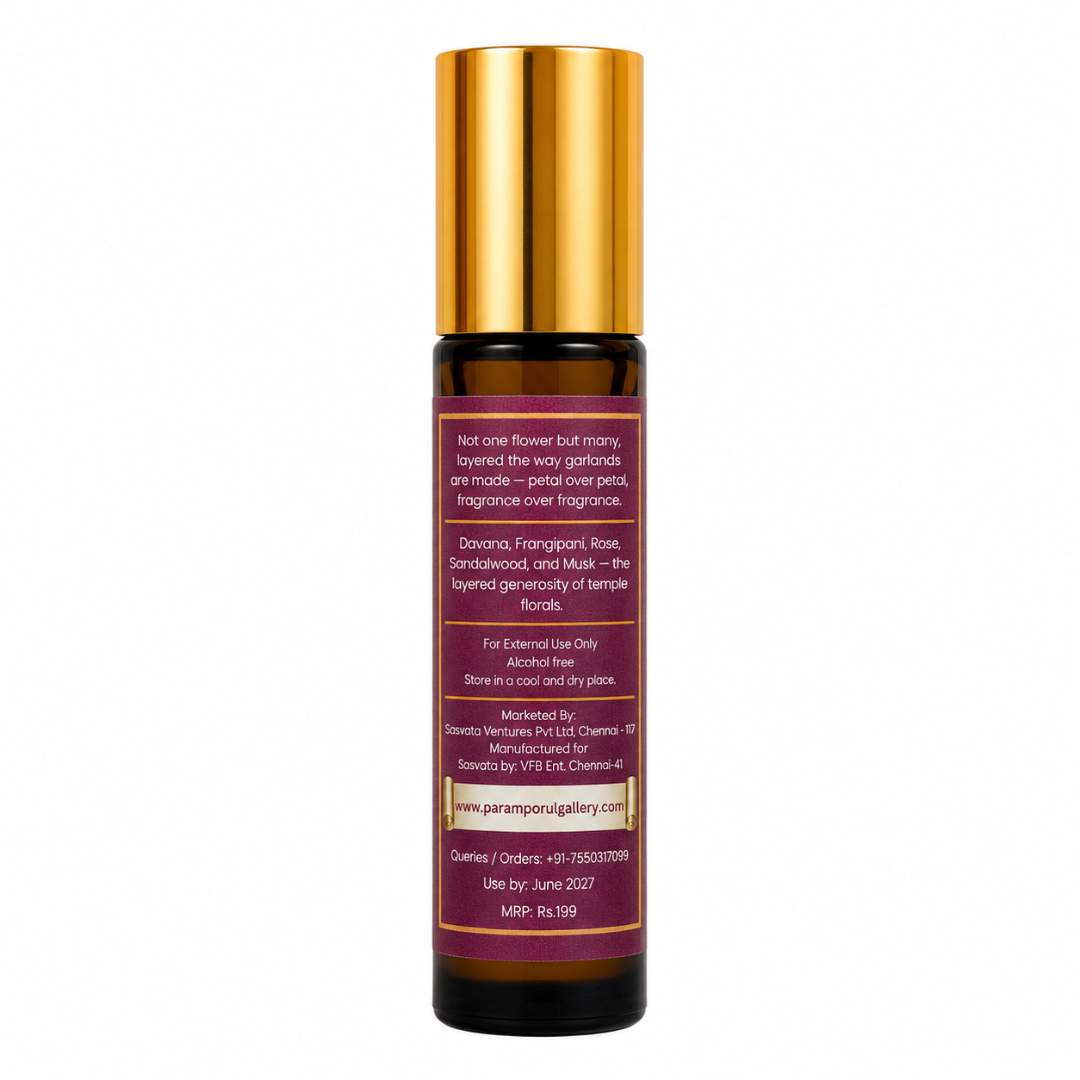 Devakrti Bloom Temple-Inspired Attar Roll-On | Davana, Rose & Frangipani Fragrance | Alcohol-Free Long-Lasting Perfume Oil | Travel-Friendly | 10ml