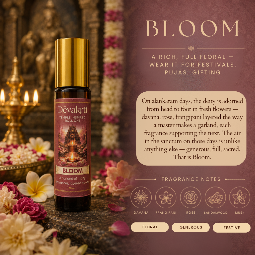 Devakrti Bloom Temple-Inspired Attar Roll-On | Davana, Rose & Frangipani Fragrance | Alcohol-Free Long-Lasting Perfume Oil | Travel-Friendly | 10ml