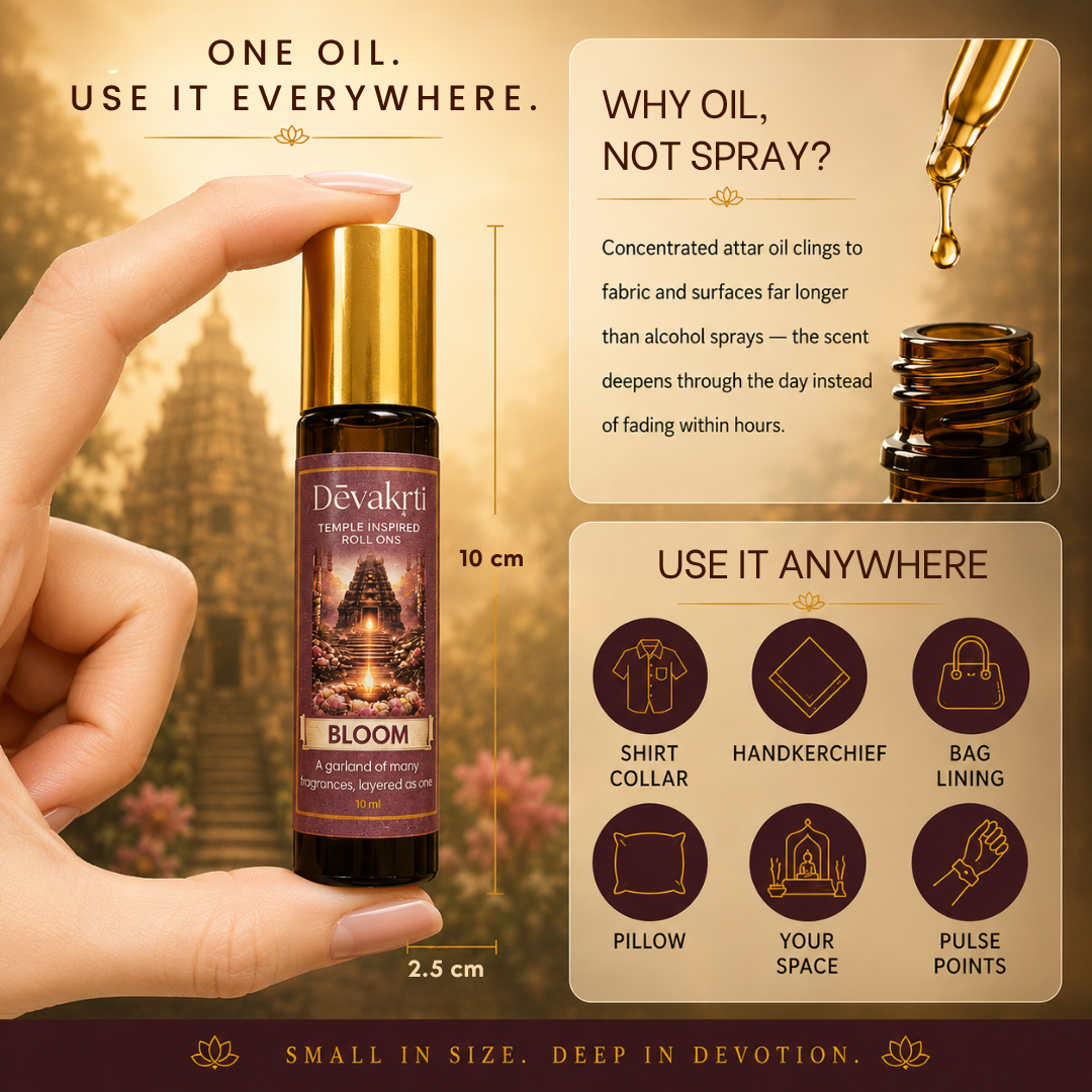 Devakrti Bloom Temple-Inspired Attar Roll-On | Davana, Rose & Frangipani Fragrance | Alcohol-Free Long-Lasting Perfume Oil | Travel-Friendly | 10ml