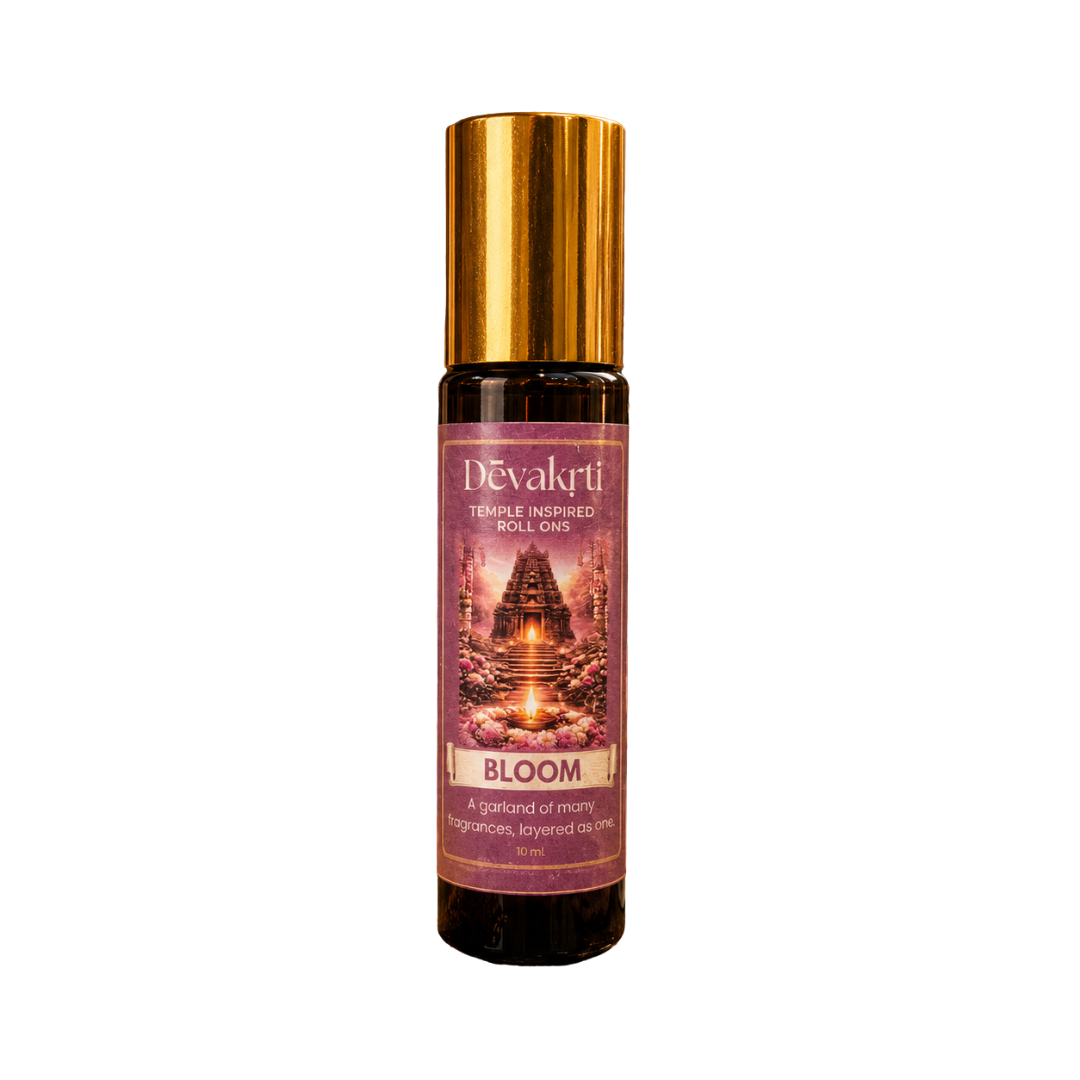 Devakrti Bloom Temple-Inspired Attar Roll-On | Davana, Rose & Frangipani Fragrance | Alcohol-Free Long-Lasting Perfume Oil | Travel-Friendly | 10ml