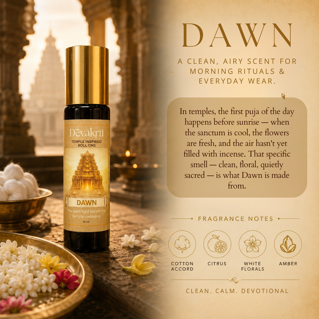 Devakrti Dawn Temple-Inspired Attar Roll-On | Clean Floral & Amber Fragrance | Alcohol-Free Long-Lasting Perfume Oil | Travel-Friendly | 10ml