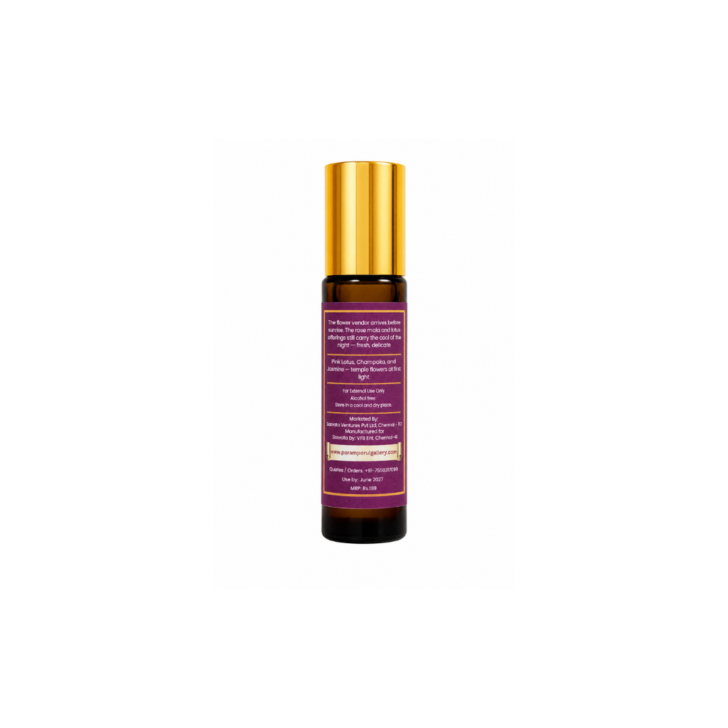 Devakrti Dew Temple-Inspired Attar Roll-On | Pink Lotus, Champaka & Jasmine Fragrance | Alcohol-Free Long-Lasting Perfume Oil | Travel-Friendly | 10ml