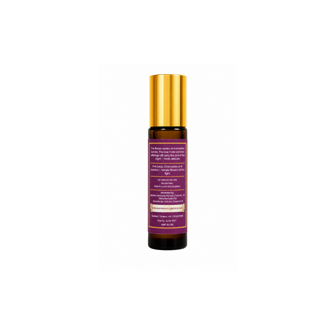Devakrti Dew Temple-Inspired Attar Roll-On | Pink Lotus, Champaka & Jasmine Fragrance | Alcohol-Free Long-Lasting Perfume Oil | Travel-Friendly | 10ml