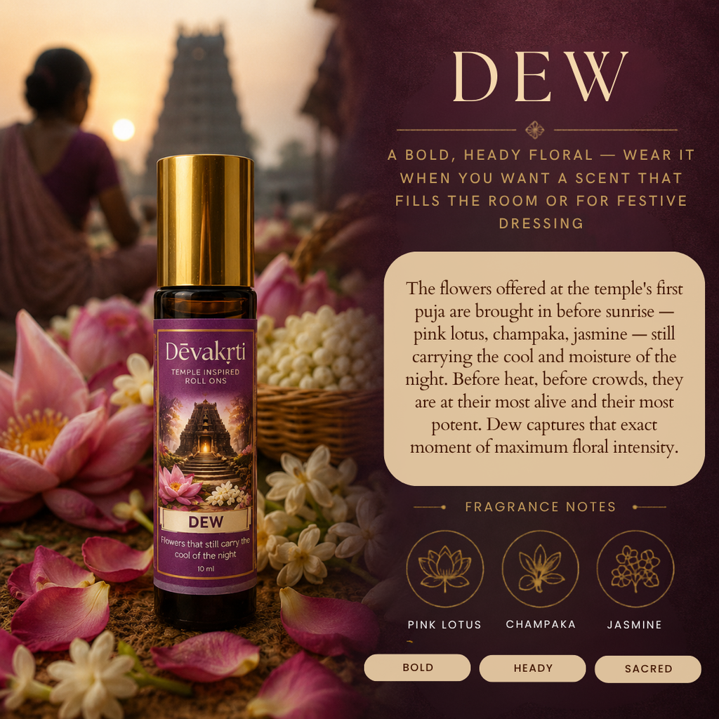 Devakrti Dew Temple-Inspired Attar Roll-On | Pink Lotus, Champaka & Jasmine Fragrance | Alcohol-Free Long-Lasting Perfume Oil | Travel-Friendly | 10ml