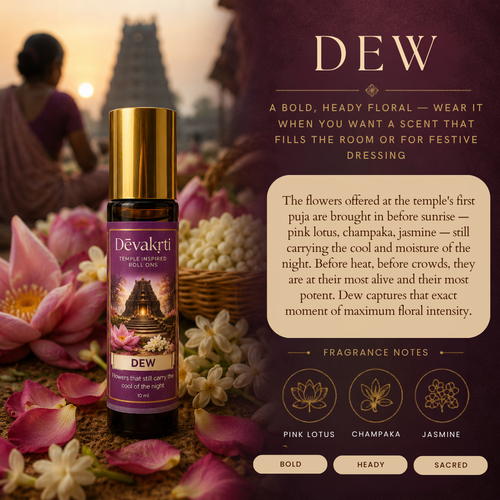 Devakrti Dew Temple-Inspired Attar Roll-On | Pink Lotus, Champaka & Jasmine Fragrance | Alcohol-Free Long-Lasting Perfume Oil | Travel-Friendly | 10ml