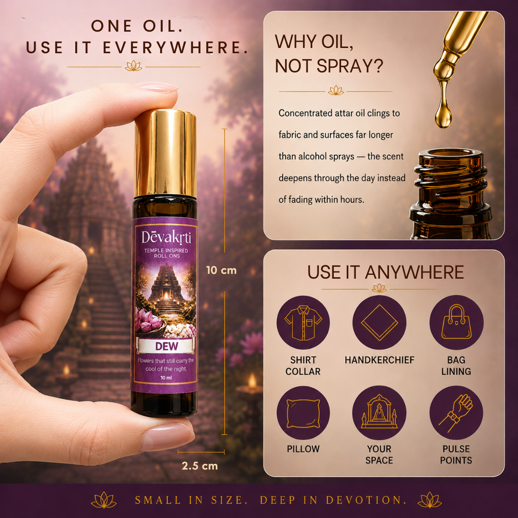 Devakrti Dew Temple-Inspired Attar Roll-On | Pink Lotus, Champaka & Jasmine Fragrance | Alcohol-Free Long-Lasting Perfume Oil | Travel-Friendly | 10ml