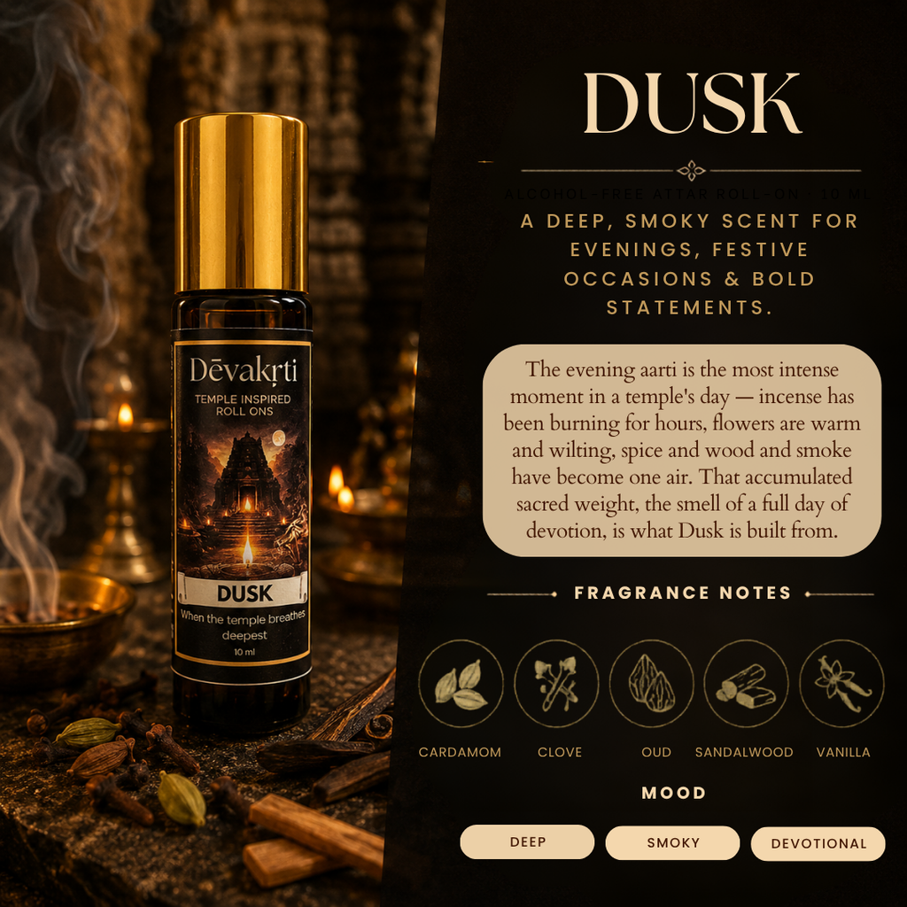 Devakrti Dusk Temple-Inspired Attar Roll-On | Oud, Cardamom & Sandalwood Fragrance | Alcohol-Free Long-Lasting Perfume Oil | Travel-Friendly | 10ml