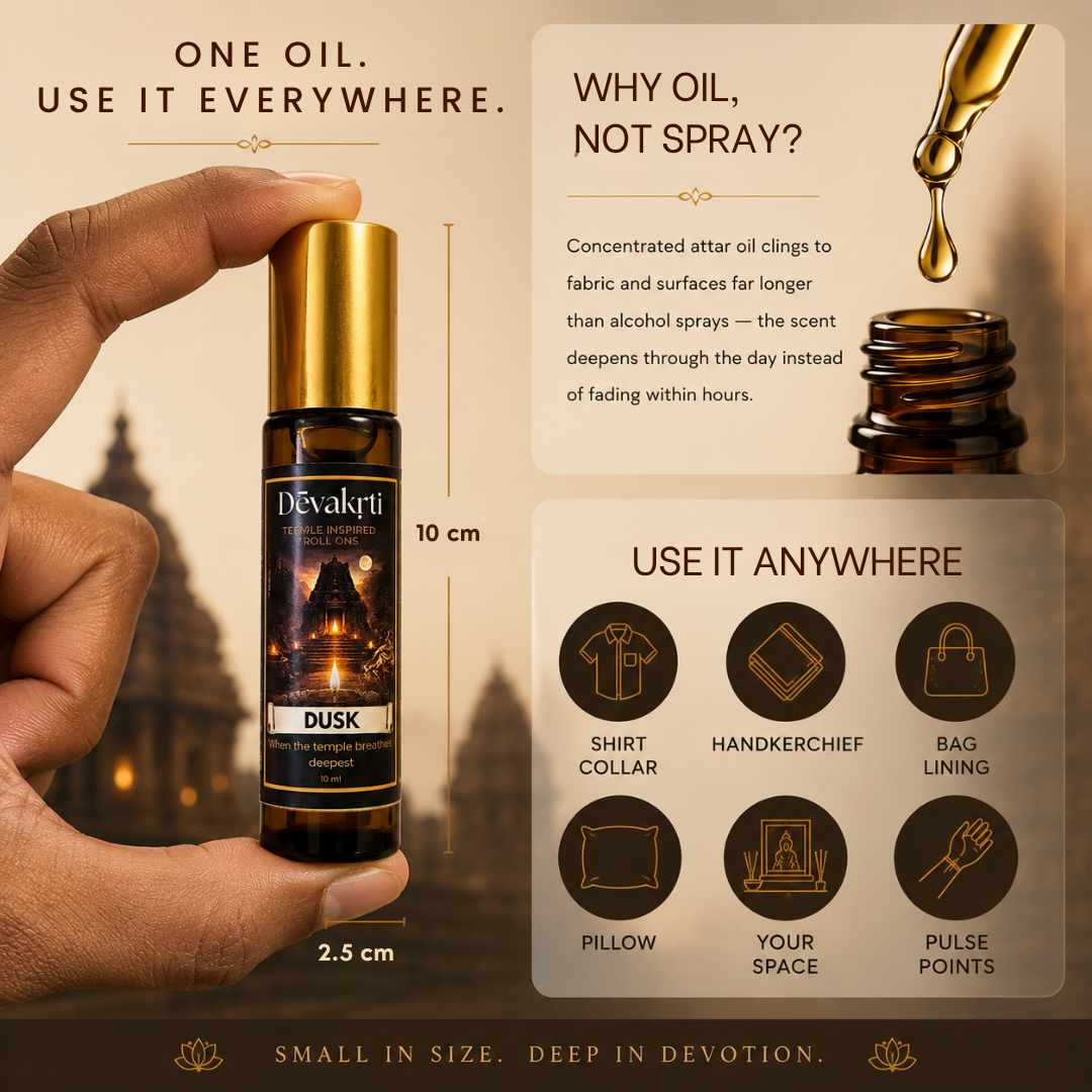 Devakrti Dusk Temple-Inspired Attar Roll-On | Oud, Cardamom & Sandalwood Fragrance | Alcohol-Free Long-Lasting Perfume Oil | Travel-Friendly | 10ml