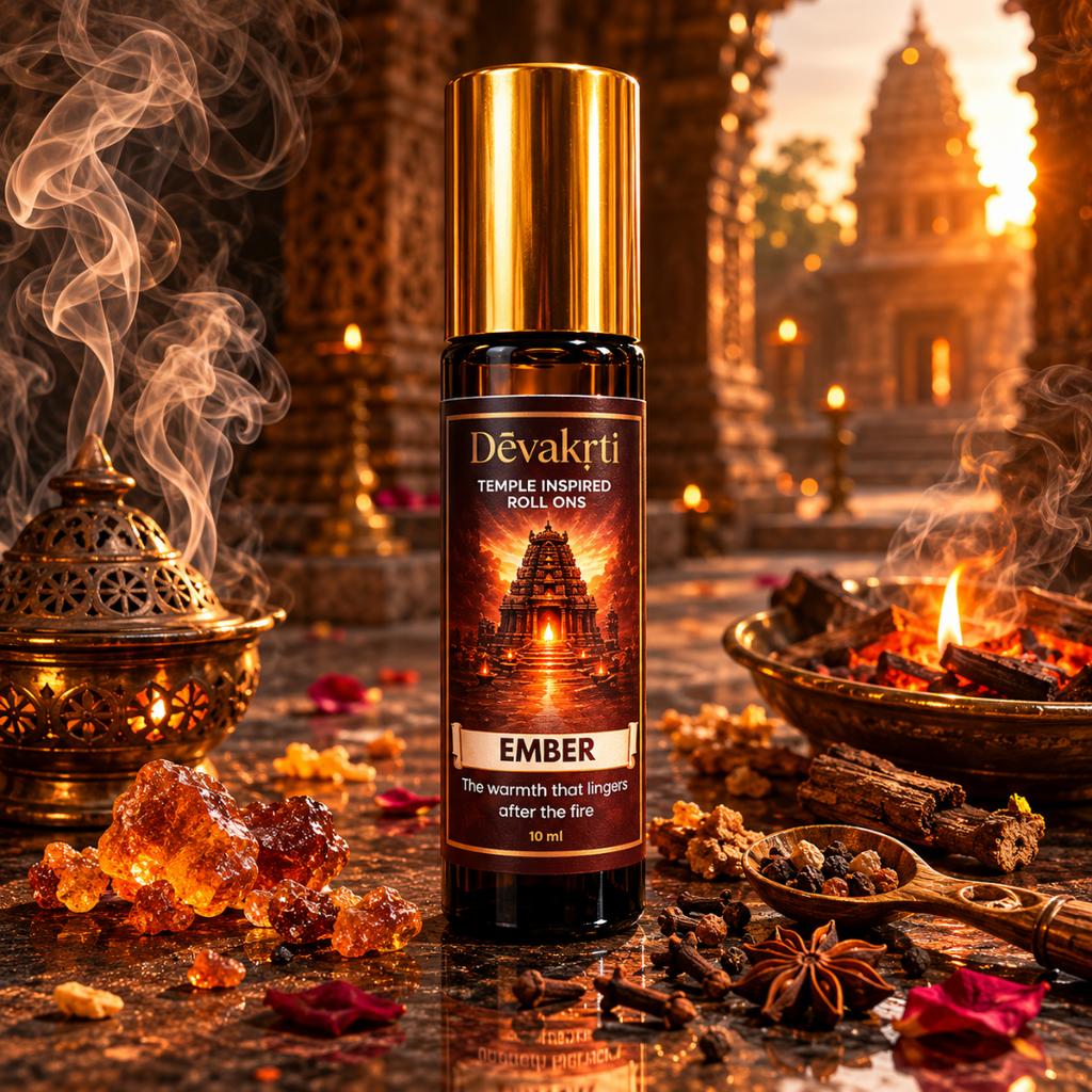 Devakrti Ember Temple-Inspired Attar Roll-On | Resin, Smoke & Spice Fragrance | Alcohol-Free Long-Lasting Perfume Oil | Travel-Friendly | 10ml