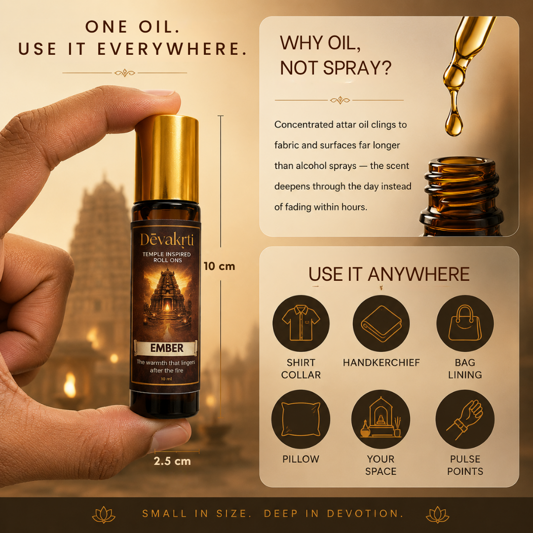 Devakrti Ember Temple-Inspired Attar Roll-On | Resin, Smoke & Spice Fragrance | Alcohol-Free Long-Lasting Perfume Oil | Travel-Friendly | 10ml