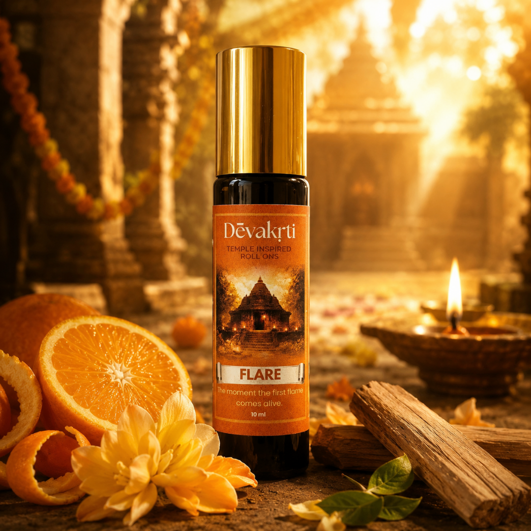 Devakrti Flare Temple-Inspired Attar Roll-On | Citrus, Marigold & Warm Spice Fragrance | Alcohol-Free Long-Lasting Perfume Oil | Travel-Friendly | 10ml