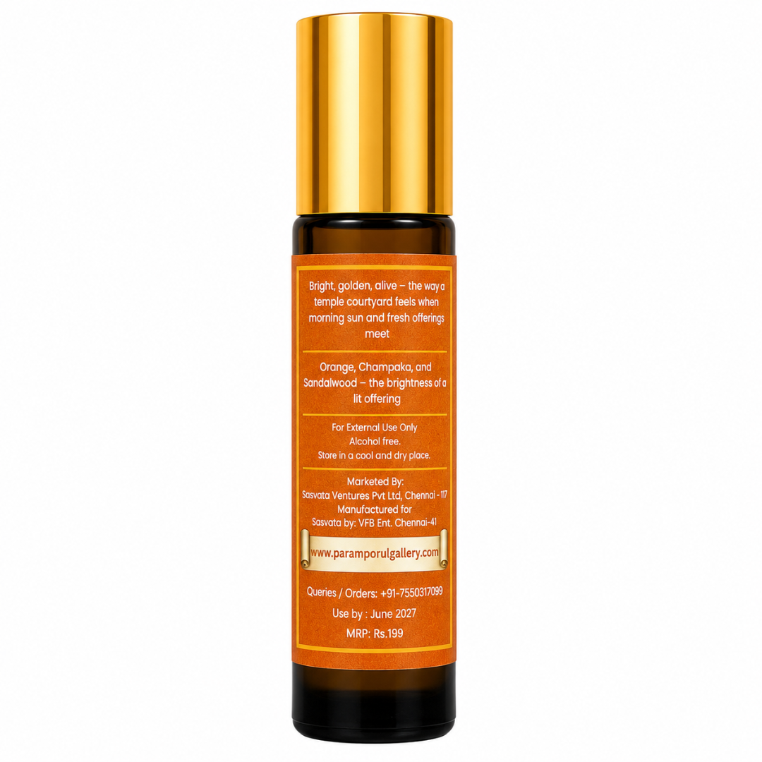 Devakrti Flare Temple-Inspired Attar Roll-On | Citrus, Marigold & Warm Spice Fragrance | Alcohol-Free Long-Lasting Perfume Oil | Travel-Friendly | 10ml