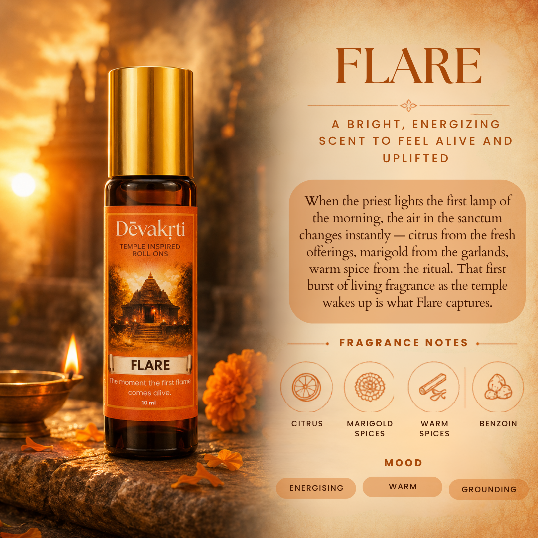 Devakrti Flare Temple-Inspired Attar Roll-On | Citrus, Marigold & Warm Spice Fragrance | Alcohol-Free Long-Lasting Perfume Oil | Travel-Friendly | 10ml