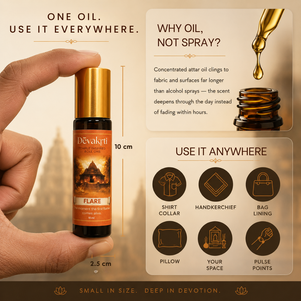 Devakrti Flare Temple-Inspired Attar Roll-On | Citrus, Marigold & Warm Spice Fragrance | Alcohol-Free Long-Lasting Perfume Oil | Travel-Friendly | 10ml