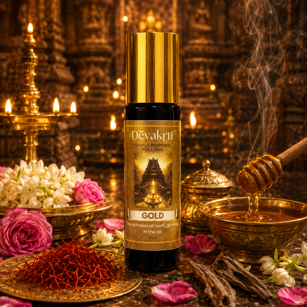 Devakrti Gold Temple-Inspired Attar Roll-On | Saffron, Oud & Jasmine Fragrance | Alcohol-Free Long-Lasting Perfume Oil | Premium Gift | 10ml