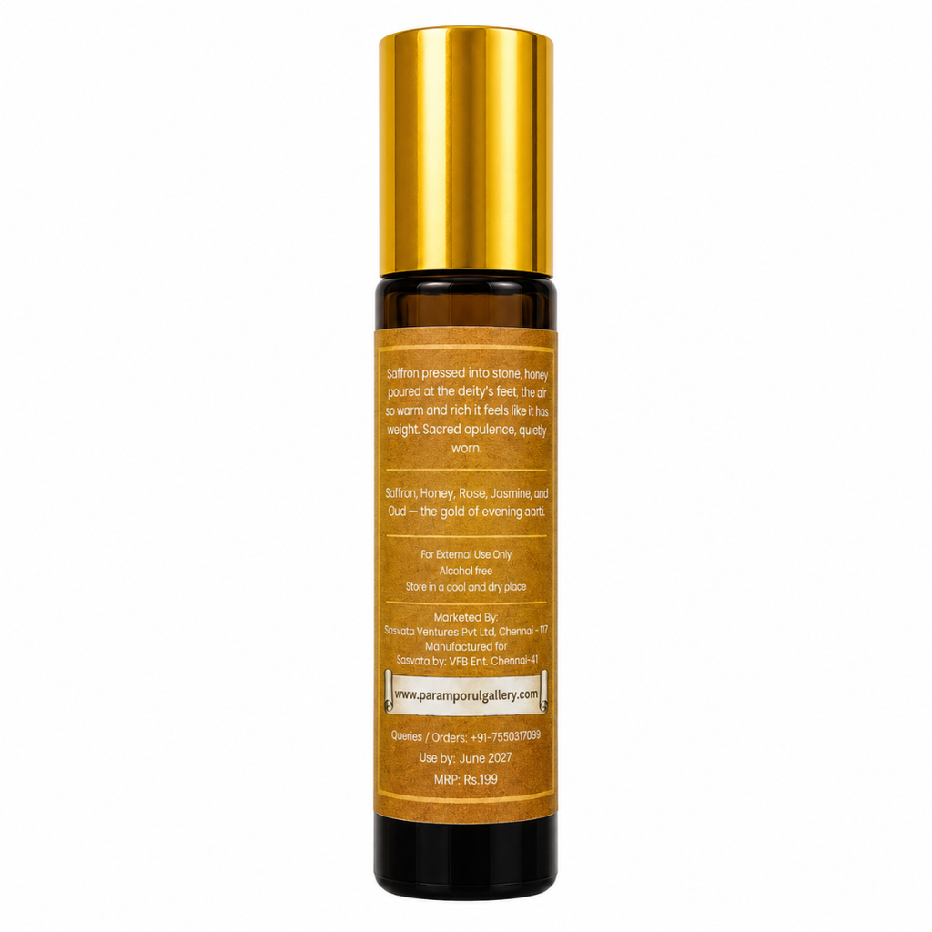Devakrti Gold Temple-Inspired Attar Roll-On | Saffron, Oud & Jasmine Fragrance | Alcohol-Free Long-Lasting Perfume Oil | Premium Gift | 10ml