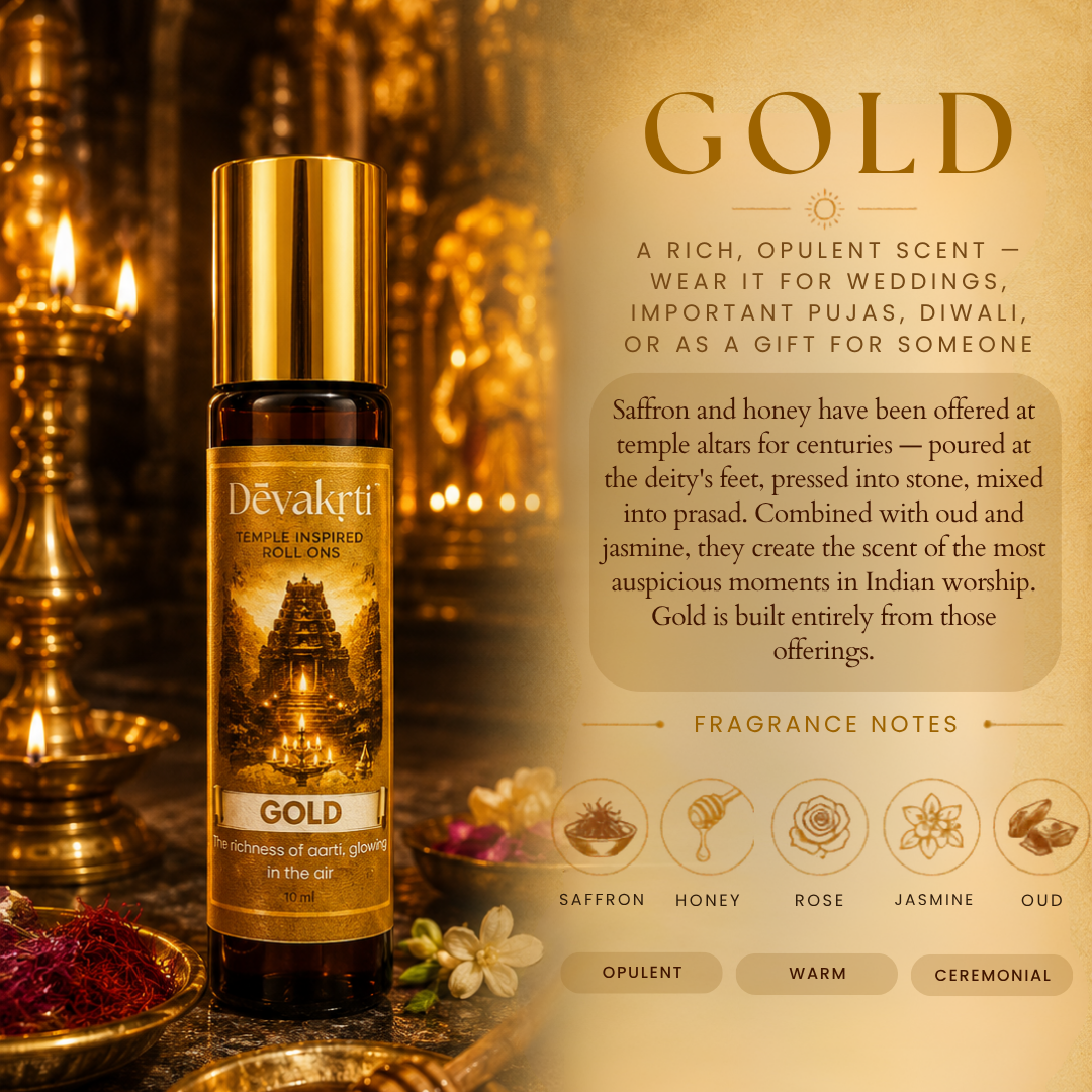 Devakrti Gold Temple-Inspired Attar Roll-On | Saffron, Oud & Jasmine Fragrance | Alcohol-Free Long-Lasting Perfume Oil | Premium Gift | 10ml