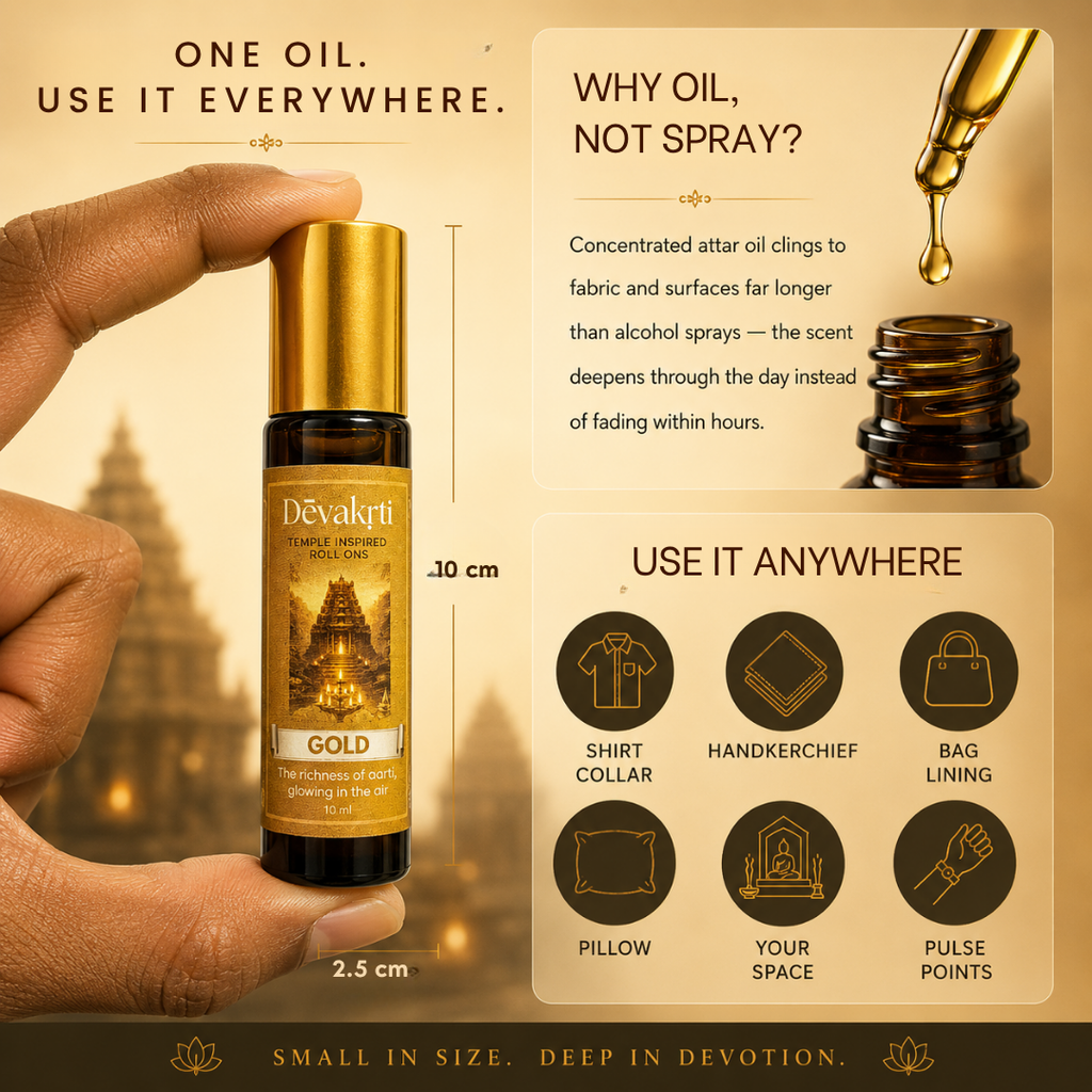 Devakrti Gold Temple-Inspired Attar Roll-On | Saffron, Oud & Jasmine Fragrance | Alcohol-Free Long-Lasting Perfume Oil | Premium Gift | 10ml