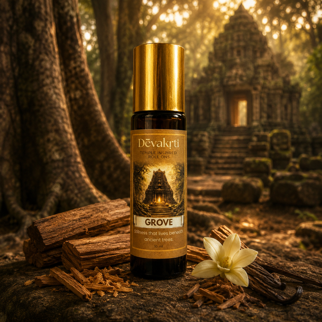 Devakrti Grove Temple-Inspired Attar Roll-On | Sandalwood, Cedarwood & Vanilla Fragrance | Alcohol-Free Long-Lasting Perfume Oil | Travel-Friendly | 10ml