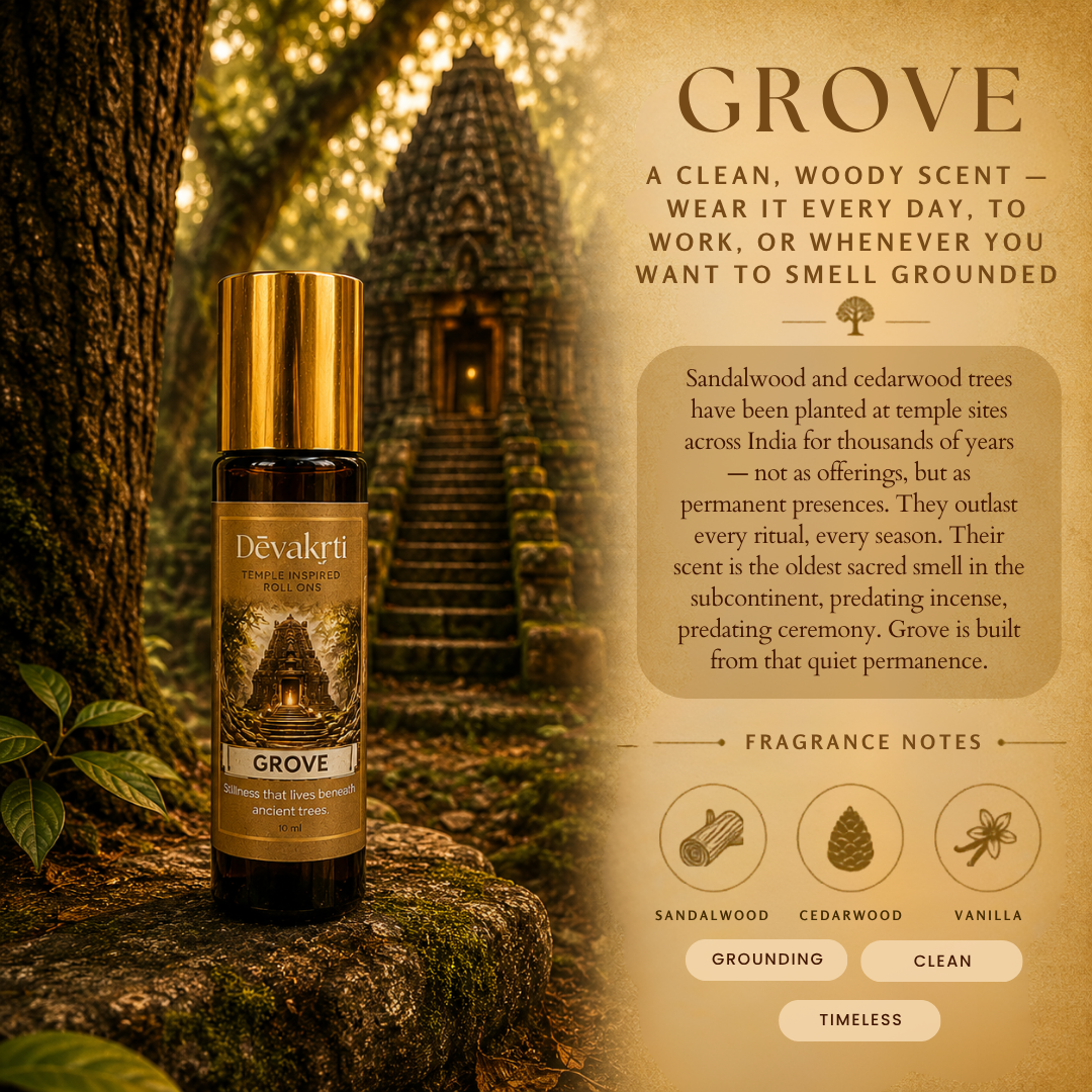 Devakrti Grove Temple-Inspired Attar Roll-On | Sandalwood, Cedarwood & Vanilla Fragrance | Alcohol-Free Long-Lasting Perfume Oil | Travel-Friendly | 10ml