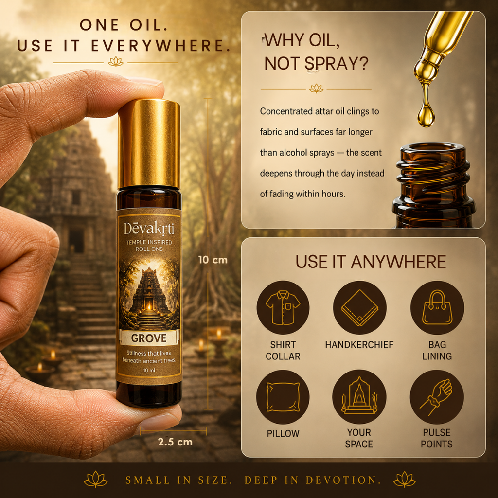 Devakrti Grove Temple-Inspired Attar Roll-On | Sandalwood, Cedarwood & Vanilla Fragrance | Alcohol-Free Long-Lasting Perfume Oil | Travel-Friendly | 10ml
