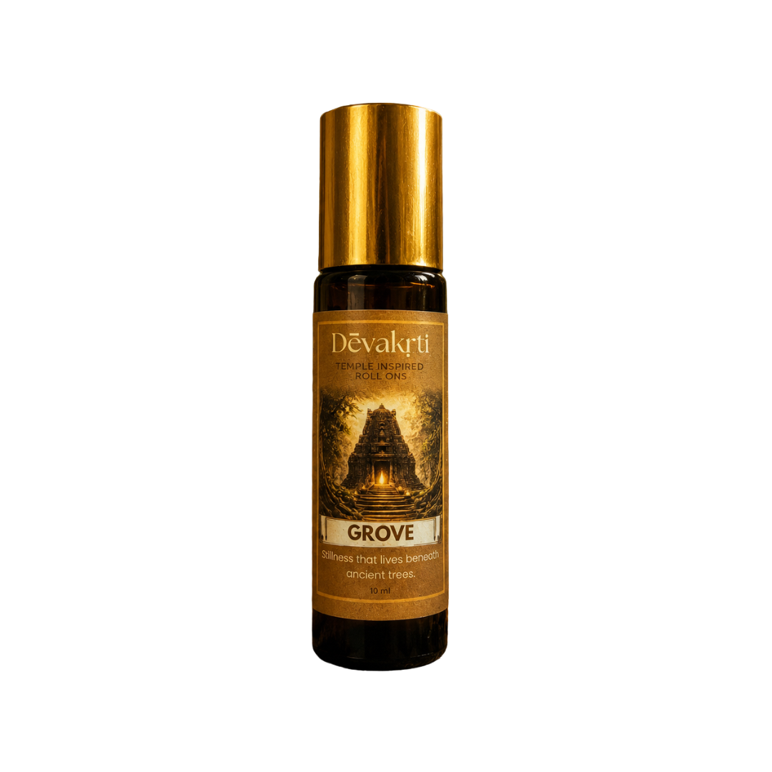 Devakrti Grove Temple-Inspired Attar Roll-On | Sandalwood, Cedarwood & Vanilla Fragrance | Alcohol-Free Long-Lasting Perfume Oil | Travel-Friendly | 10ml