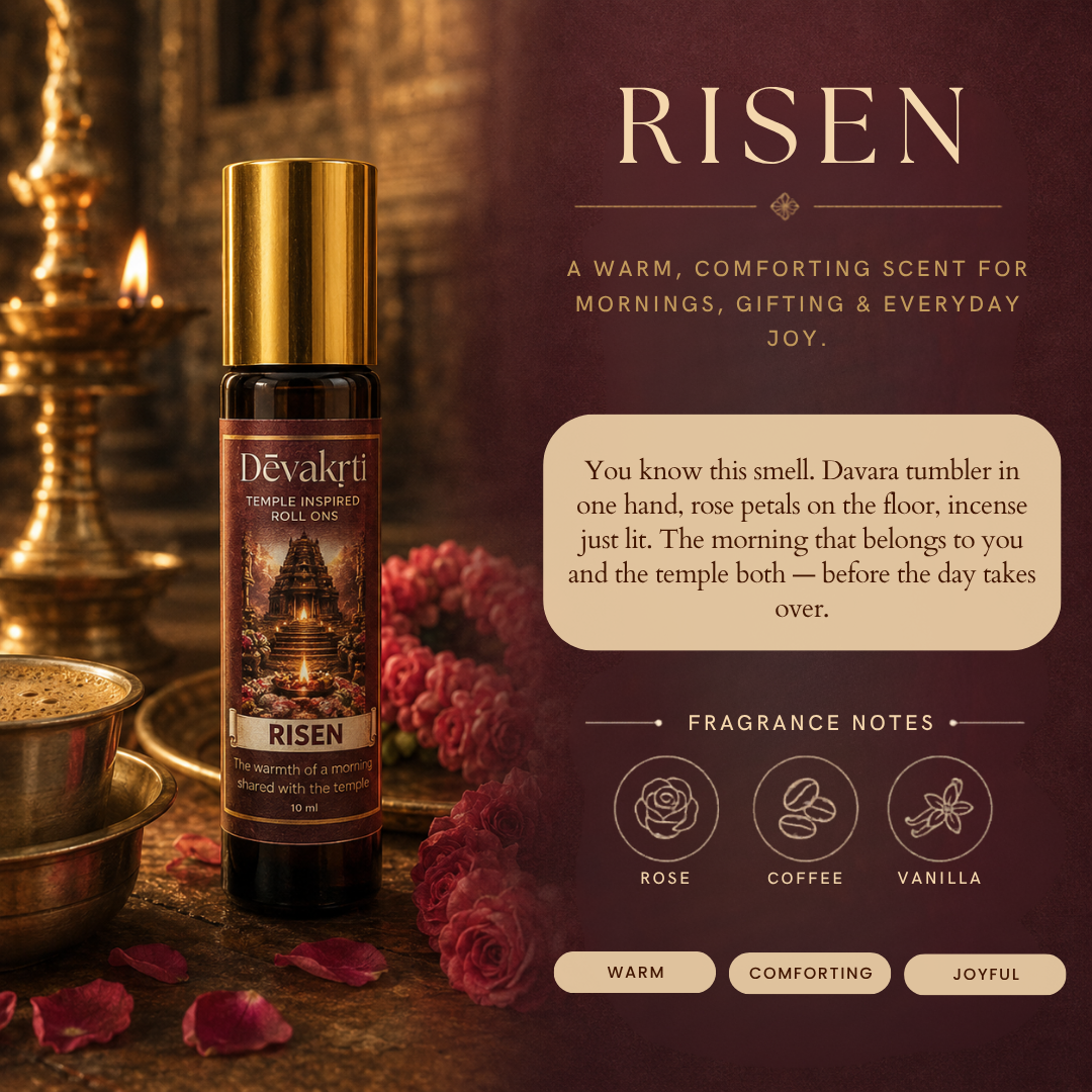 Devakrti Risen Temple-Inspired Attar Roll-On | Coffee, Rose & Vanilla Fragrance | Alcohol-Free Long-Lasting Perfume Oil | Travel-Friendly | 10ml