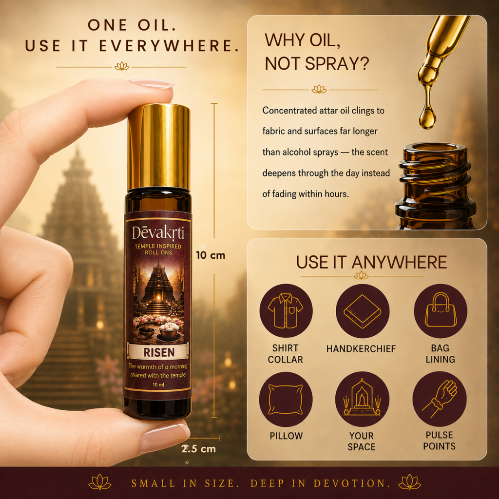 Devakrti Risen Temple-Inspired Attar Roll-On | Coffee, Rose & Vanilla Fragrance | Alcohol-Free Long-Lasting Perfume Oil | Travel-Friendly | 10ml