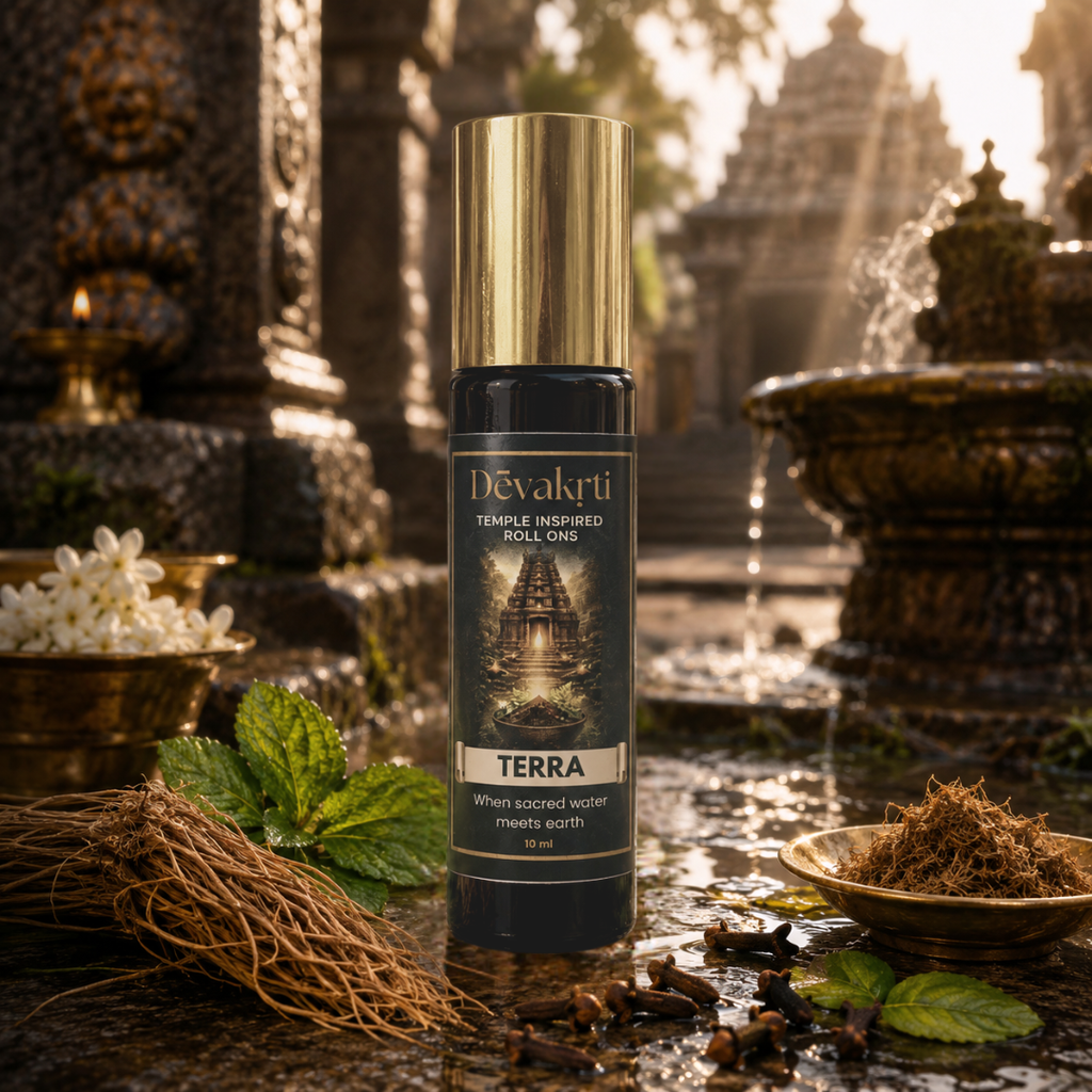 Devakrti Terra Temple-Inspired Attar Roll-On | Vetiver, Patchouli & Geosmin Fragrance | Alcohol-Free Long-Lasting Perfume Oil | Travel-Friendly | 10ml