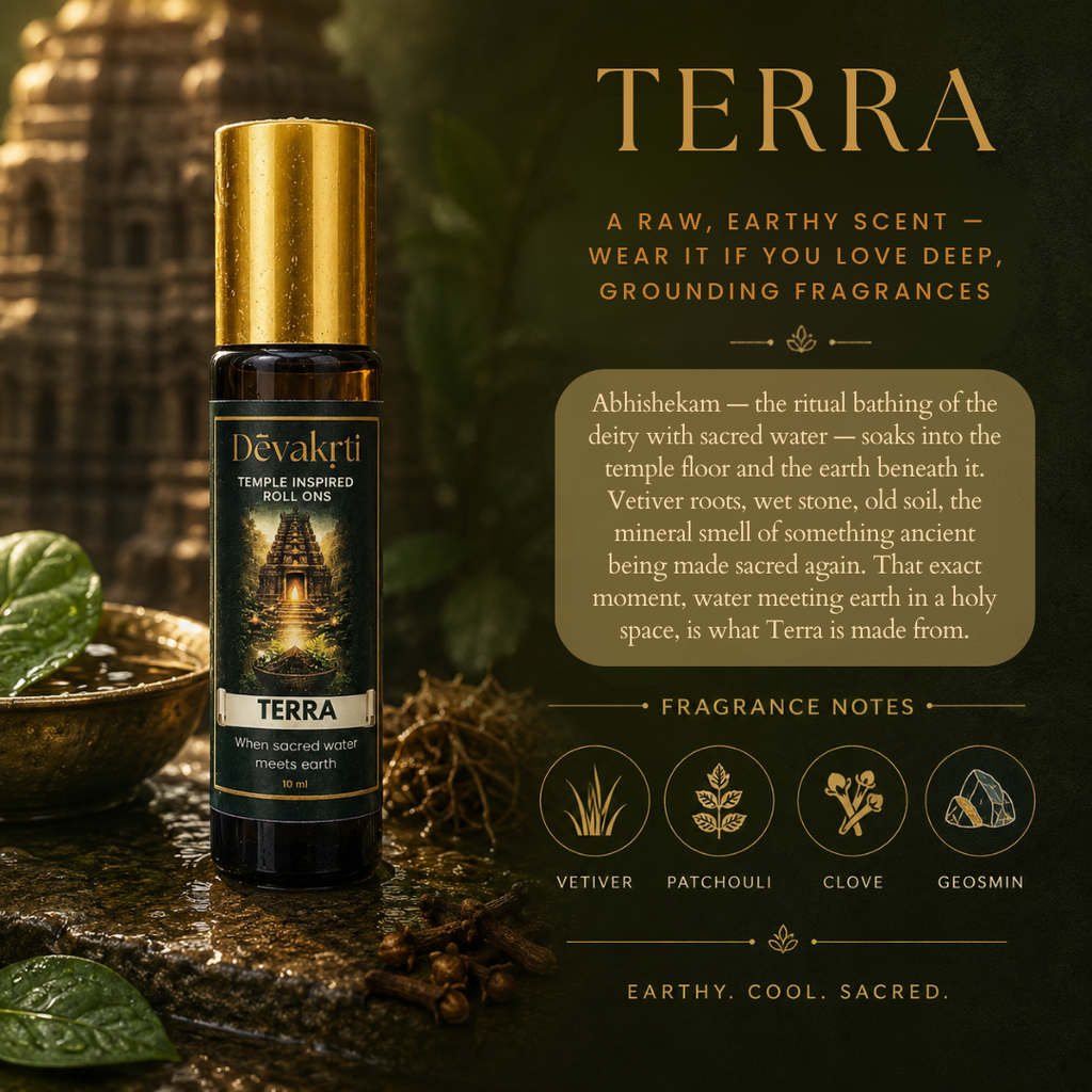 Devakrti Terra Temple-Inspired Attar Roll-On | Vetiver, Patchouli & Geosmin Fragrance | Alcohol-Free Long-Lasting Perfume Oil | Travel-Friendly | 10ml