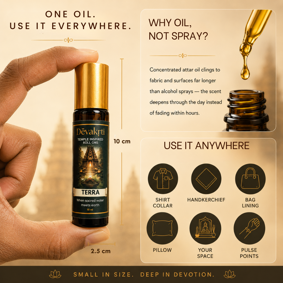 Devakrti Terra Temple-Inspired Attar Roll-On | Vetiver, Patchouli & Geosmin Fragrance | Alcohol-Free Long-Lasting Perfume Oil | Travel-Friendly | 10ml