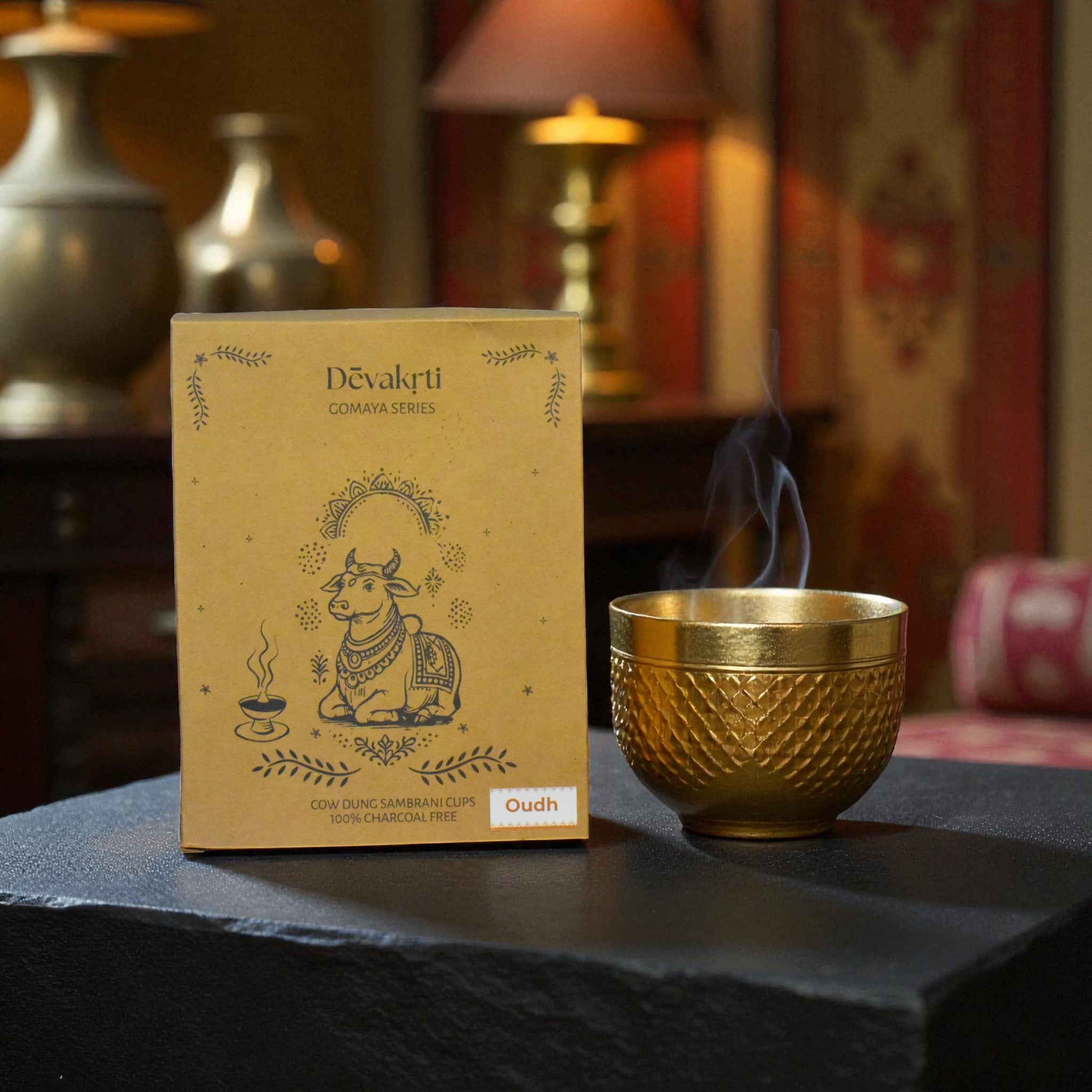 Oudh Gomaya Dhoop Cups - Luxury Cow Dung Incense for Divine Connection & Elegance (Pack of 12)