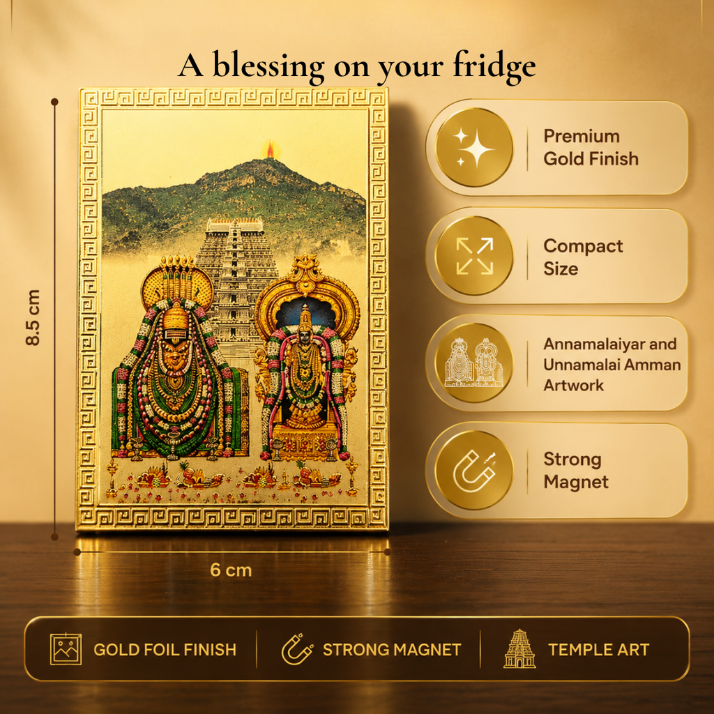Tiruvannamalai Souvenir Combo | Annamalaiyar Hundial, Dashboard Statue, Gopuram Replica, Fridge Magnet, Gold Foil Sticker & Devakrti Temple Roll-On | Lord Shiva Arunachaleswarar Gift Set | Pack of 6