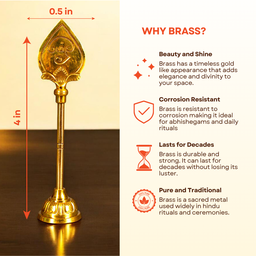 Brass Murugan Vel 4 Inch | Sacred Spear of Lord Murugan | Tamil Om & Shiva Tilak | Golden Finish Brass Vel for Car Dashboard, Office Desk & Travel Altar