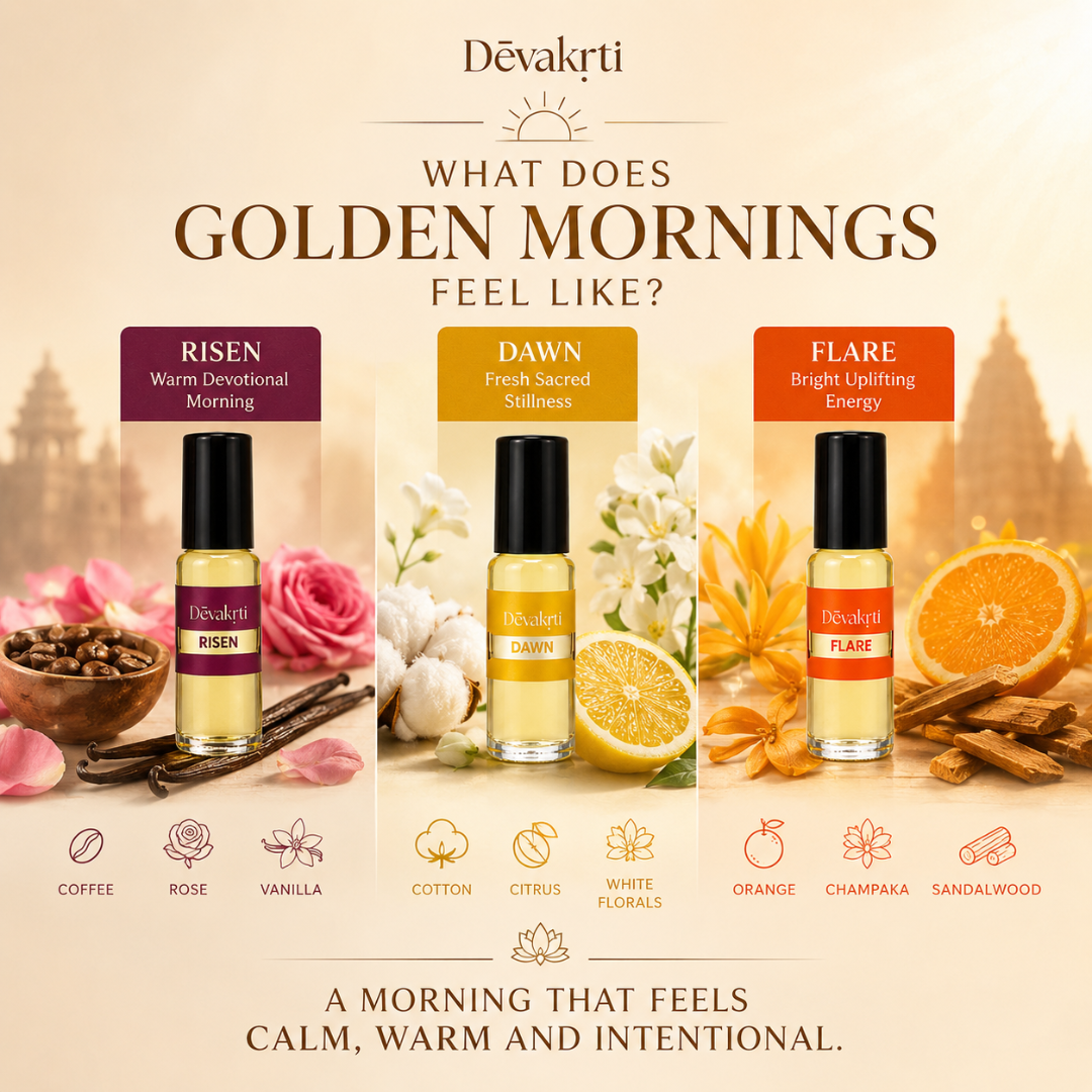 Devakrti Golden Mornings Roll-On Attar Set | Temple Inspired Fragrance Oils for Men & Women | Alcohol-Free Daily Use Combo