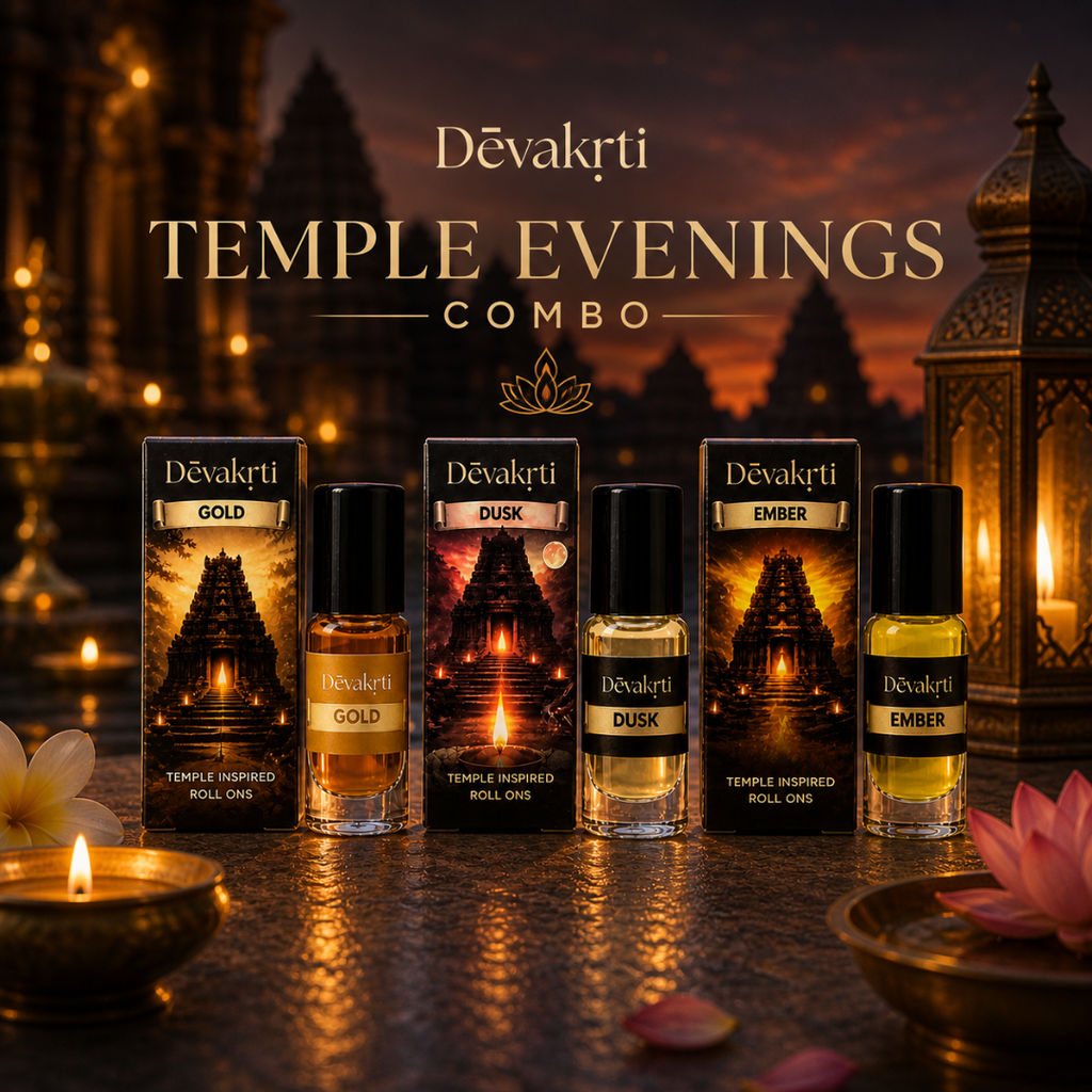 Devakrti Temple Evenings Roll-On Attar Set | Warm Woody Fragrance Oils for Men & Women | Alcohol-Free Combo