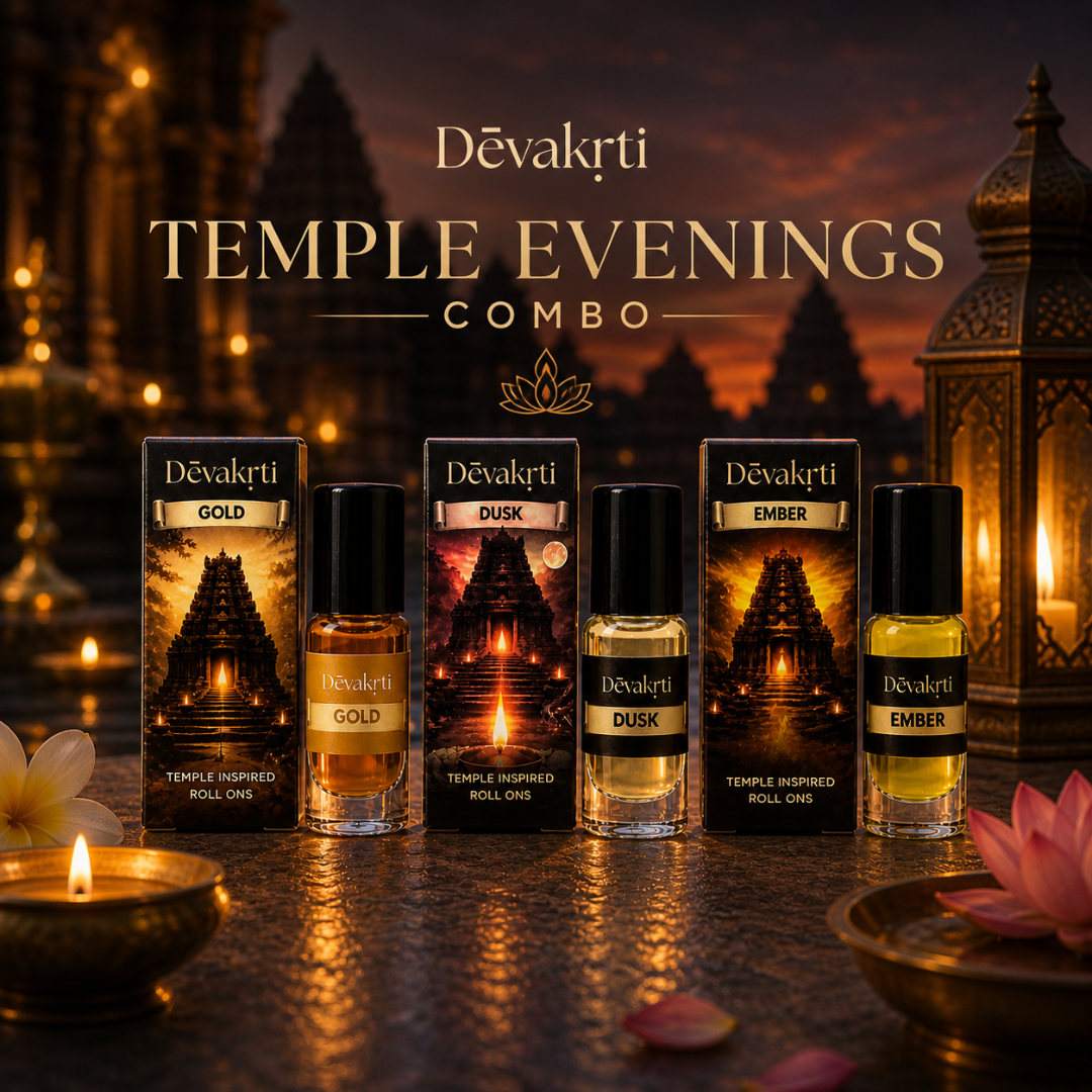 Devakrti Temple Evenings Roll-On Attar Set | Warm Woody Fragrance Oils for Men & Women | Alcohol-Free Combo