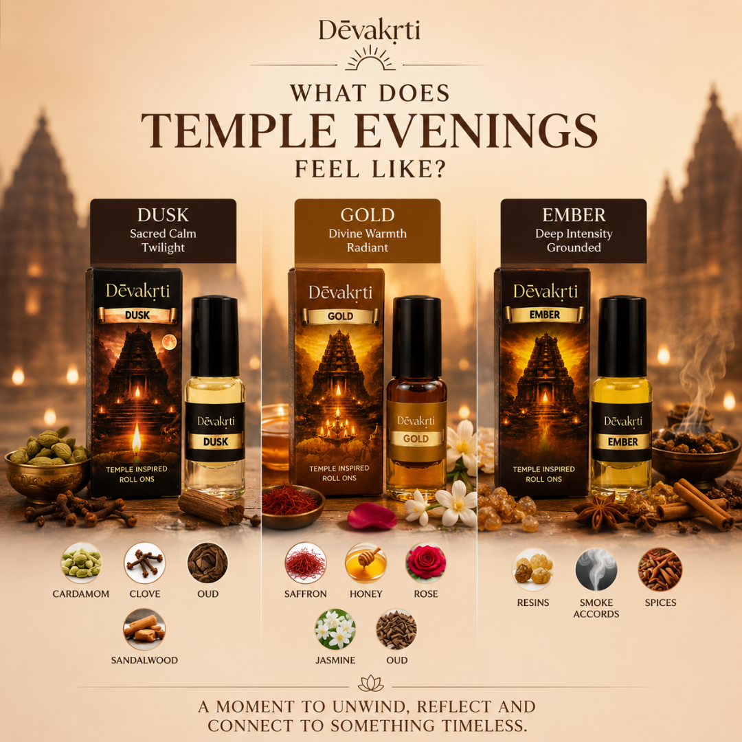 Devakrti Temple Evenings Roll-On Attar Set | Warm Woody Fragrance Oils for Men & Women | Alcohol-Free Combo