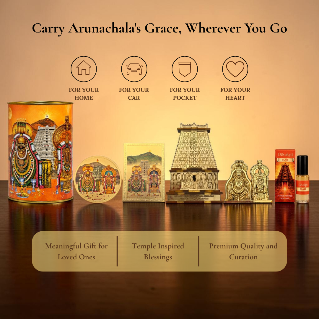 Tiruvannamalai Souvenir Combo | Annamalaiyar Hundial, Dashboard Statue, Gopuram Replica, Fridge Magnet, Gold Foil Sticker & Devakrti Temple Roll-On | Lord Shiva Arunachaleswarar Gift Set | Pack of 6